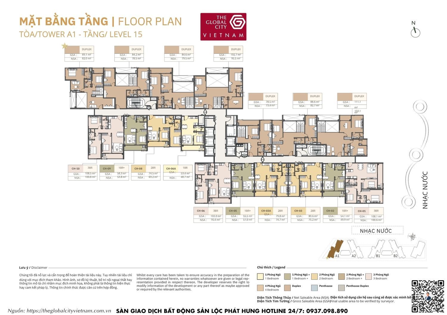 Mặt bằng tầng 15 Tower A1 Masteri Park Place - The Global City Quận 2