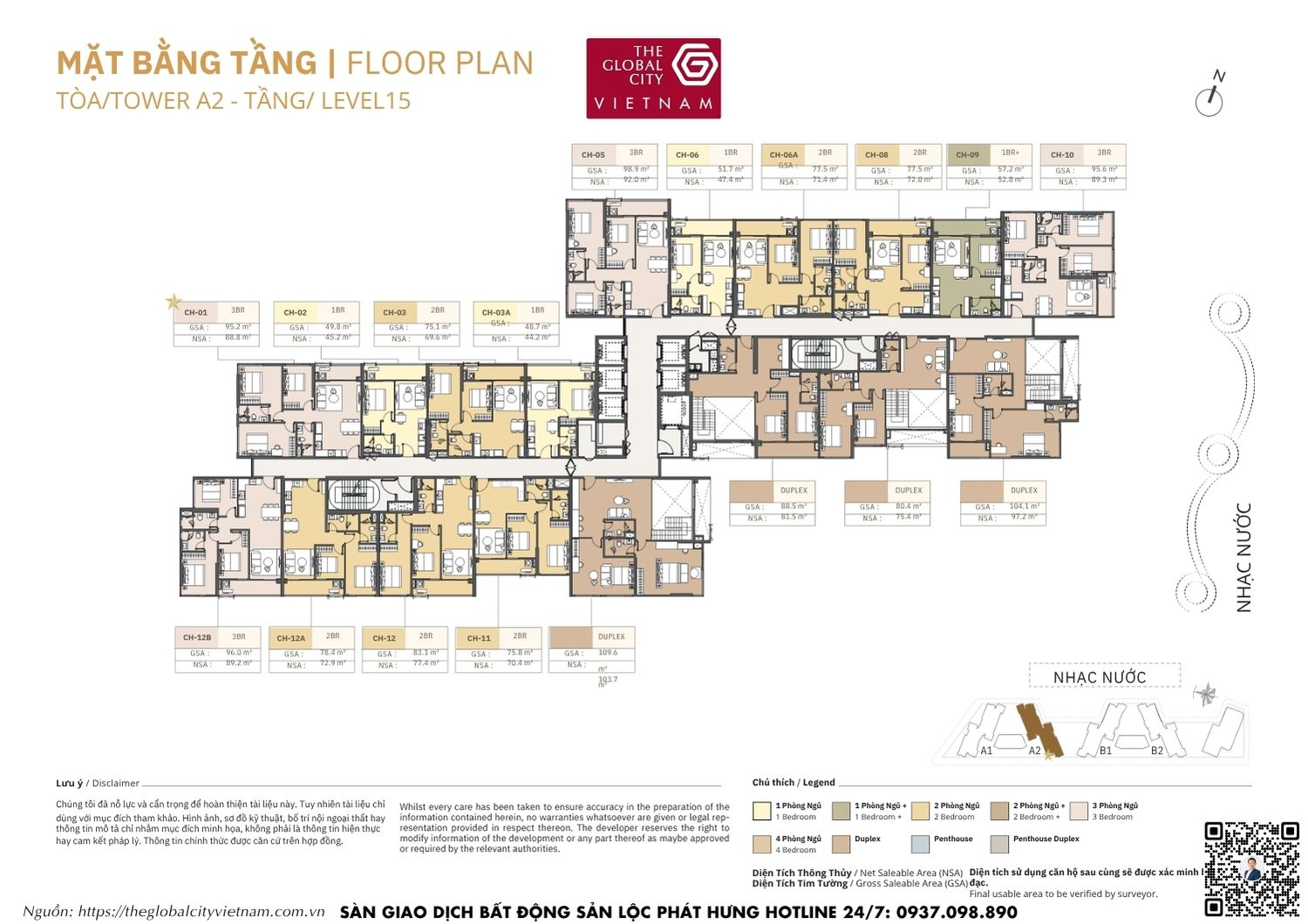 Mặt bằng tầng 15 Tower A2 Masteri Park Place - The Global City Quận 2
