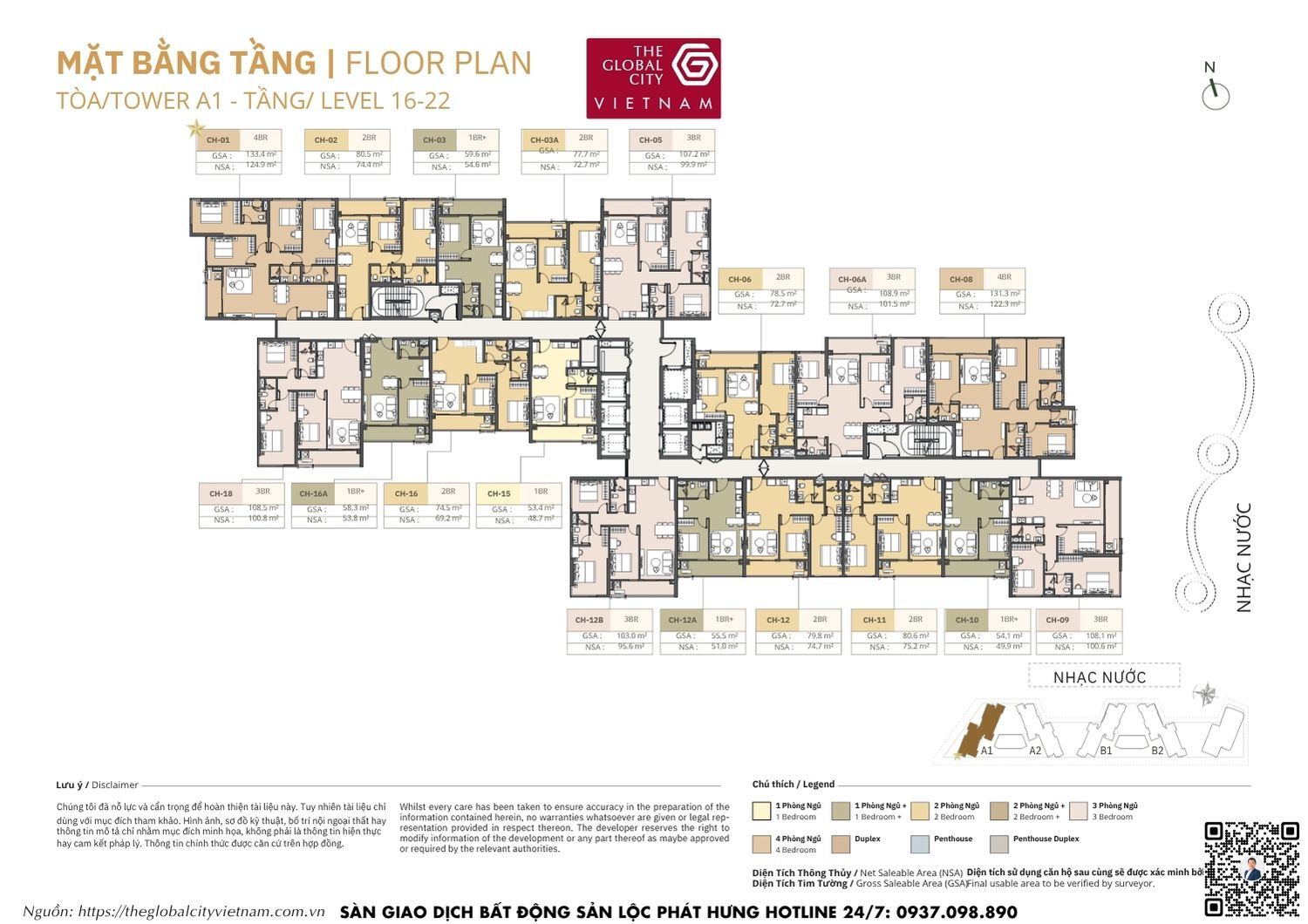 Mặt bằng tầng 16-22 Tower A1 Masteri Park Place - The Global City Quận 2