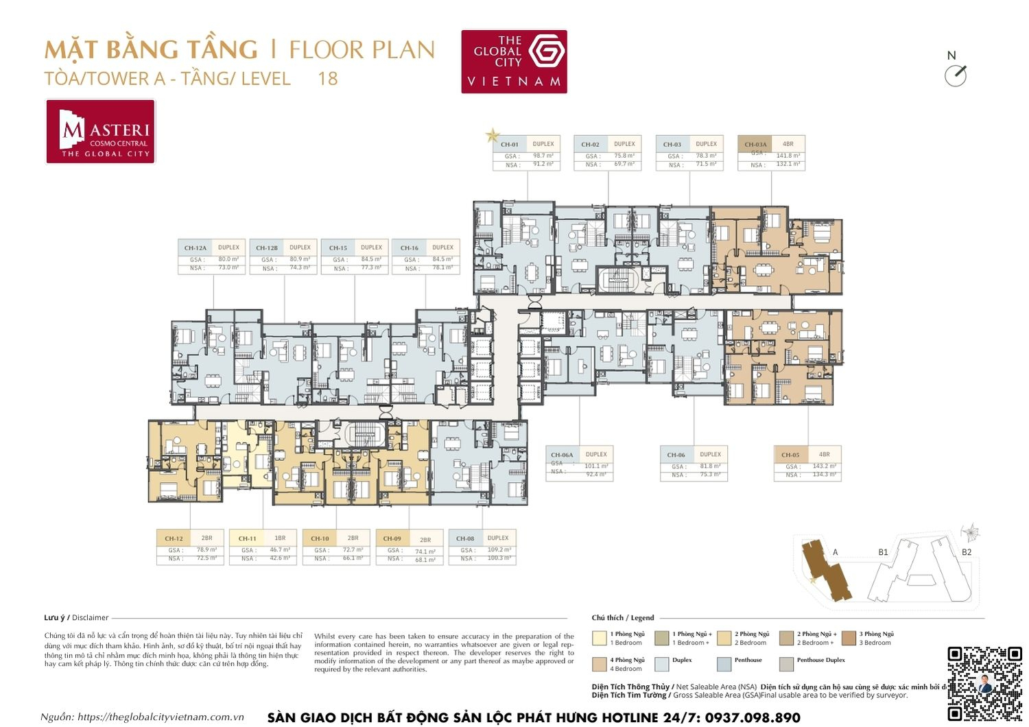 Mặt bằng tầng 18 Tháp A dự án Masteri Cosmo Central The Global City Quận 2