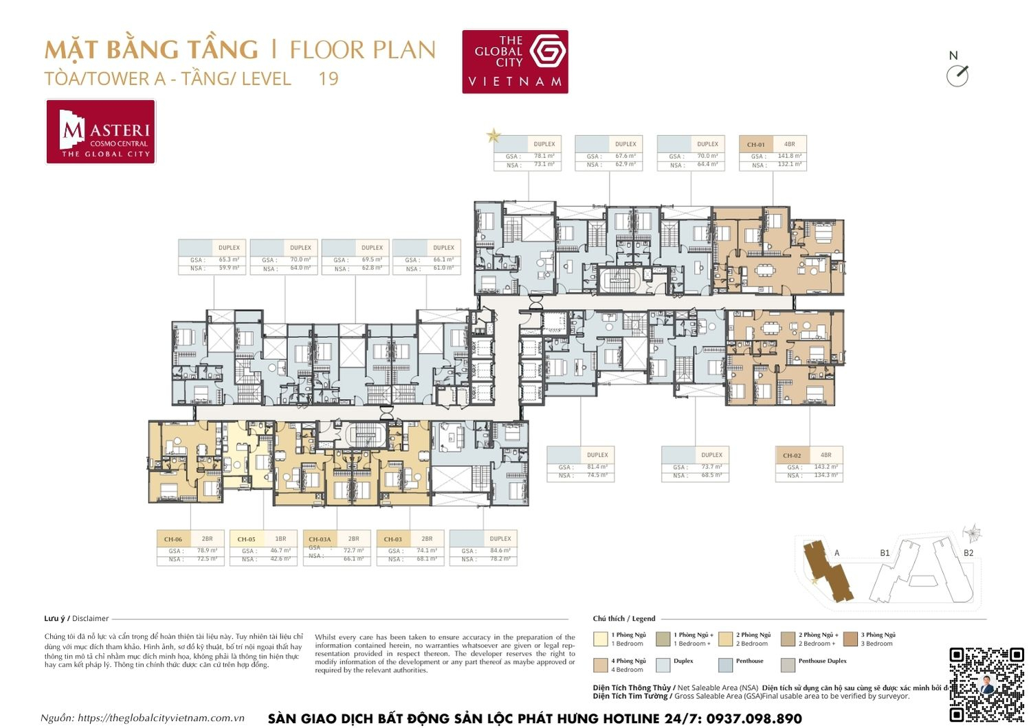Mặt bằng tầng 19 Tháp A dự án Masteri Cosmo Central The Global City Quận 2