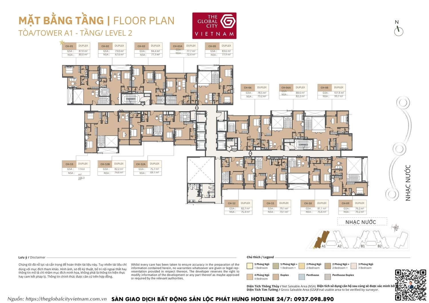 Mặt bằng tầng 02 căn hộ Tower A1 Masteri Park Place - The Global City Quận 2