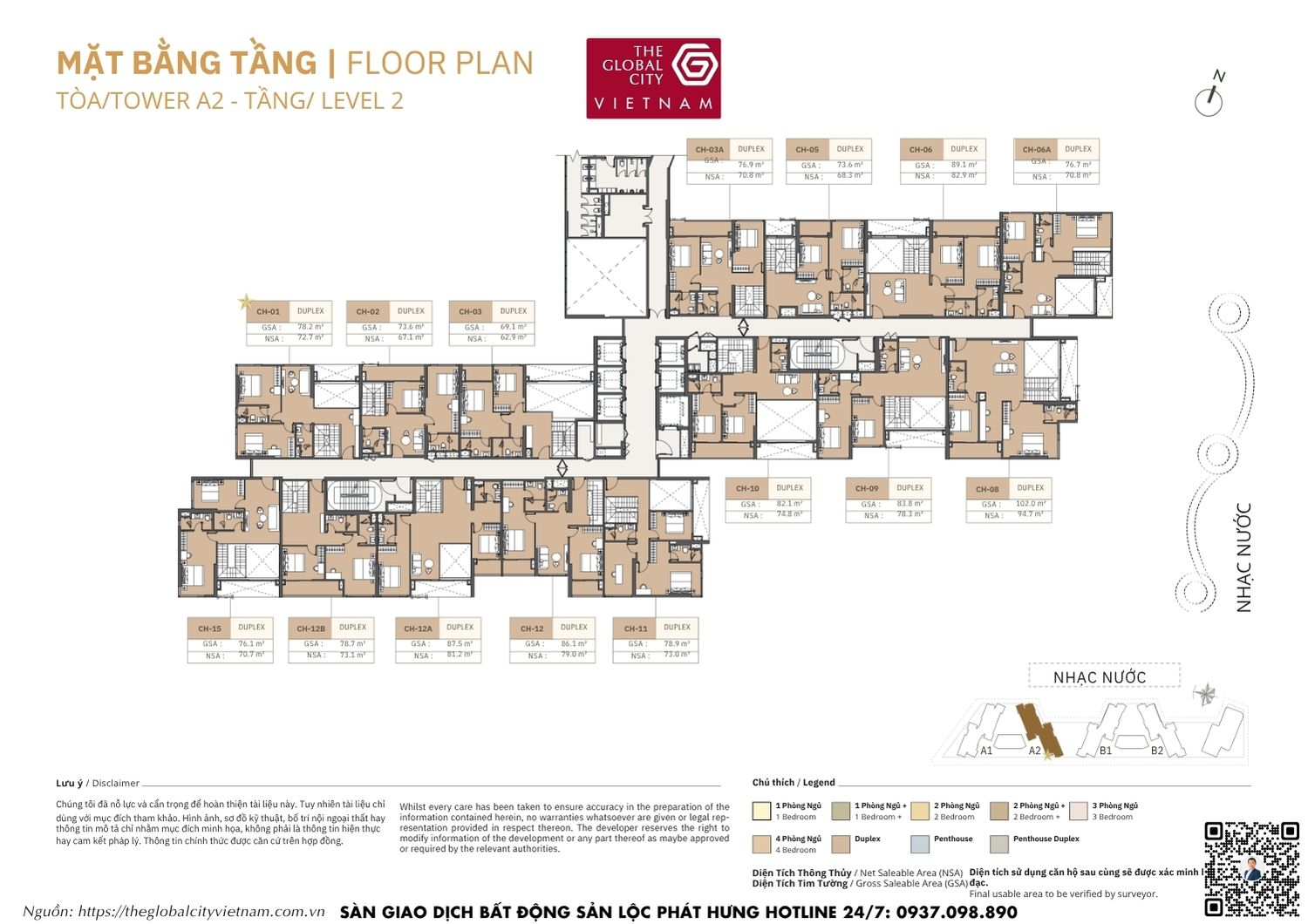 Mặt bằng tầng 02 (Level 2) Tower A2 Masteri Park Place - The Global City Quận 2