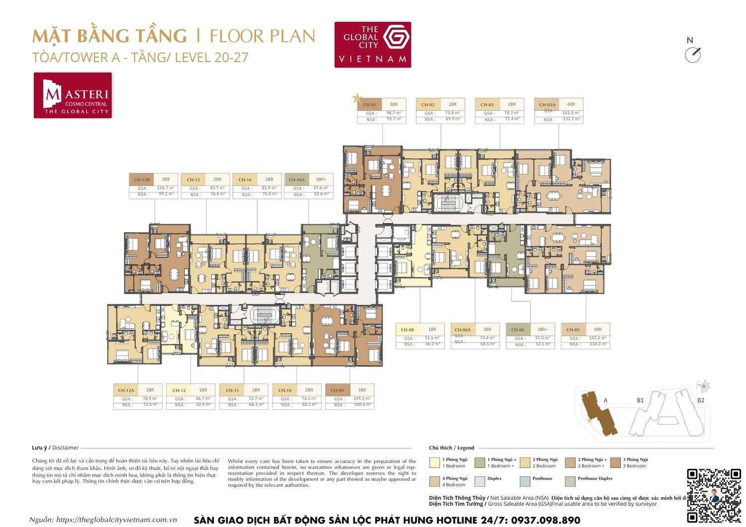 Mặt bằng tầng 20-27 Tháp A dự án Masteri Cosmo Central The Global City Quận 2