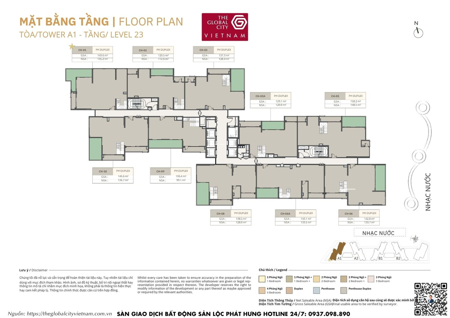 Mặt bằng tầng 23 (Căn hộ Duplex) Tower A1 Masteri Park Place - The Global City Quận 2