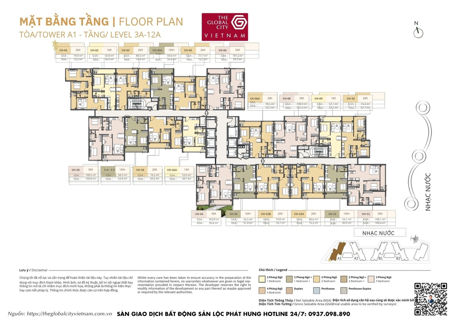 Mặt bằng tầng 3A-12A Tower A1 Masteri Park Place - The Global City Quận 2