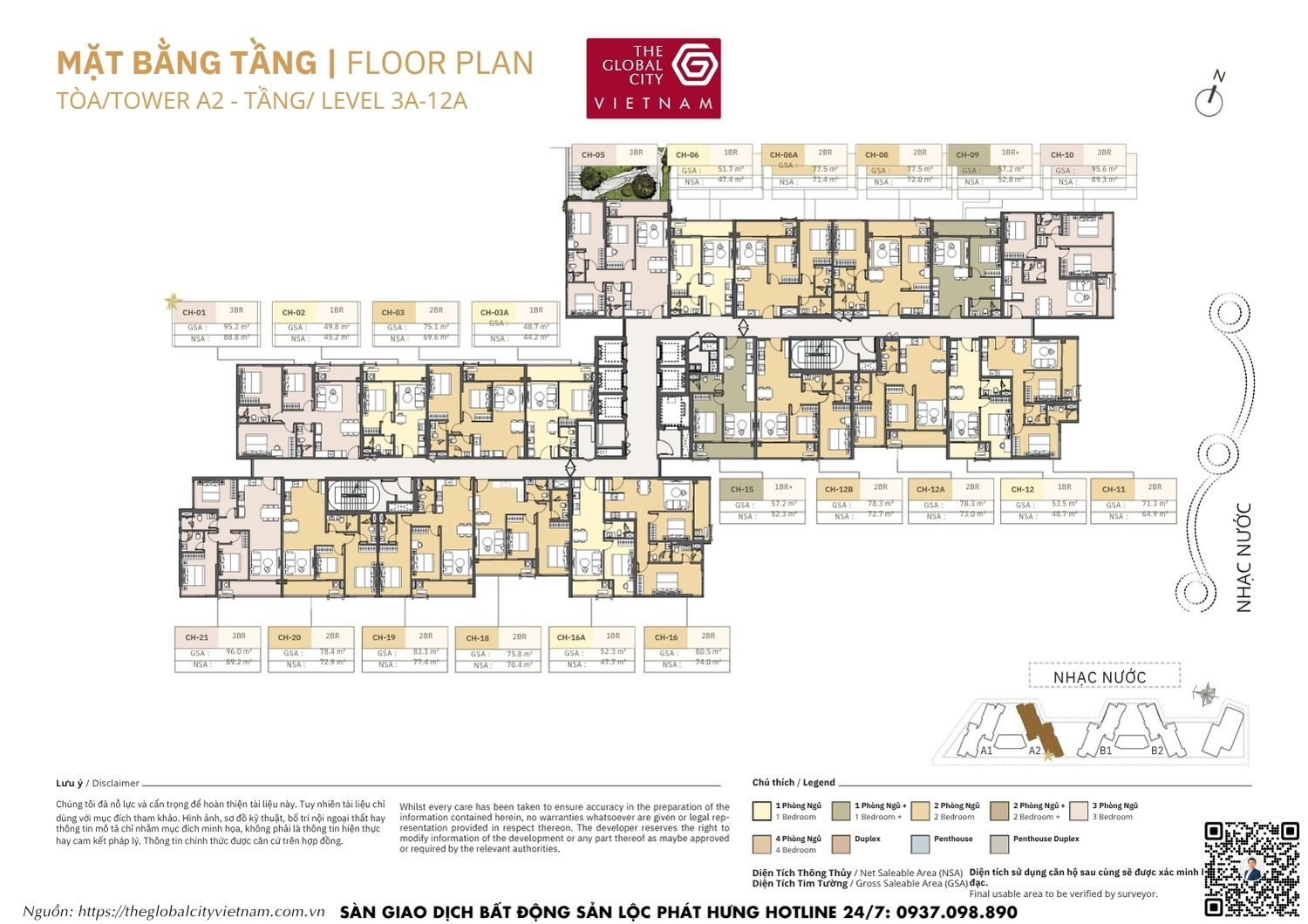 Mặt bằng tầng 3A-12A Tower A2 Masteri Park Place - The Global City Quận 2