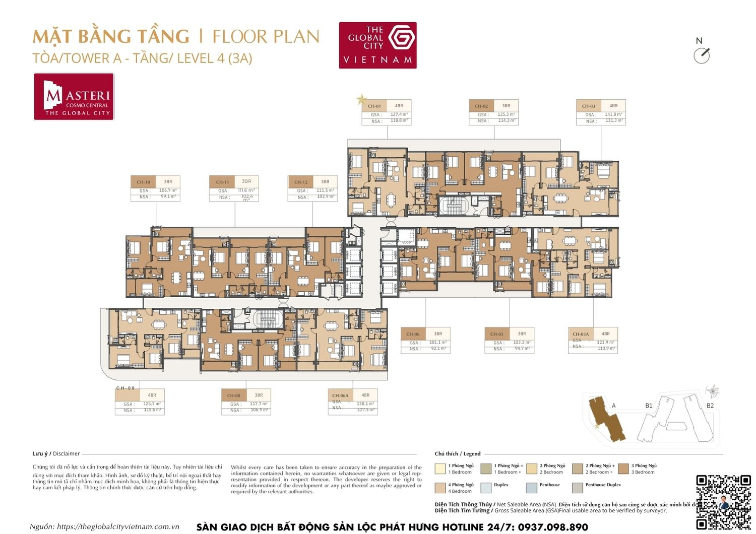 Mặt bằng tầng 4 (3A) Tháp A dự án Masteri Cosmo Central The Global City Quận 2