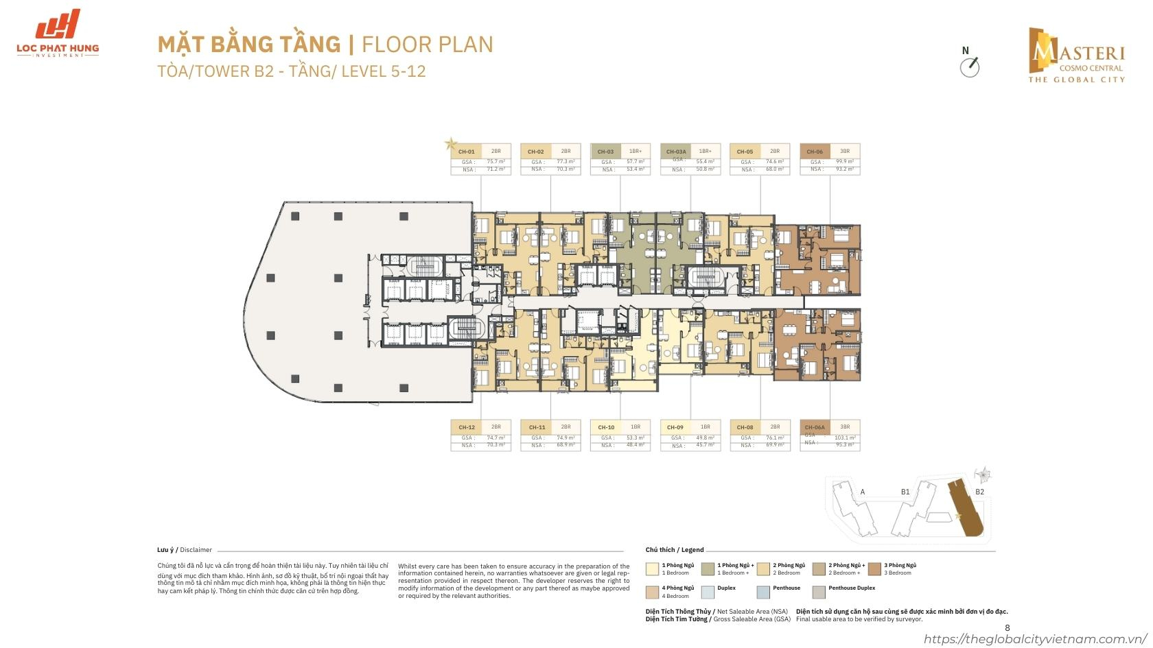 Mặt Bằng Tầng 5-12 Tòa B2 Masteri Cosmo Central The Global City