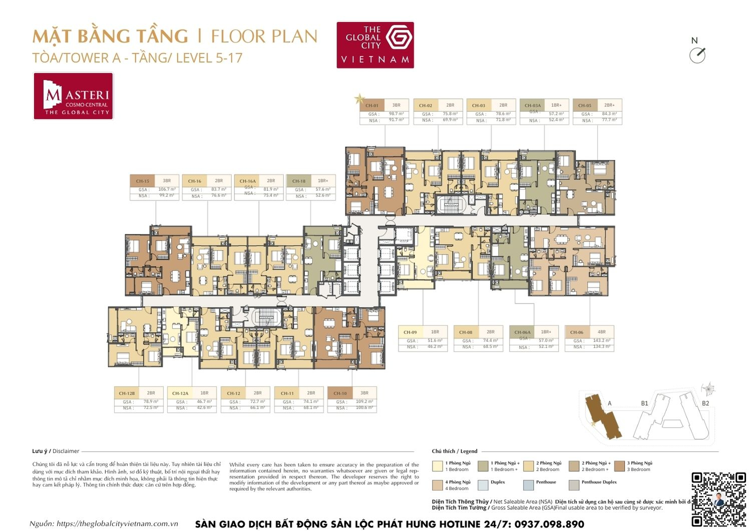 Mặt bằng tầng 05-17 Tháp A dự án Masteri Cosmo Central The Global City Quận 2