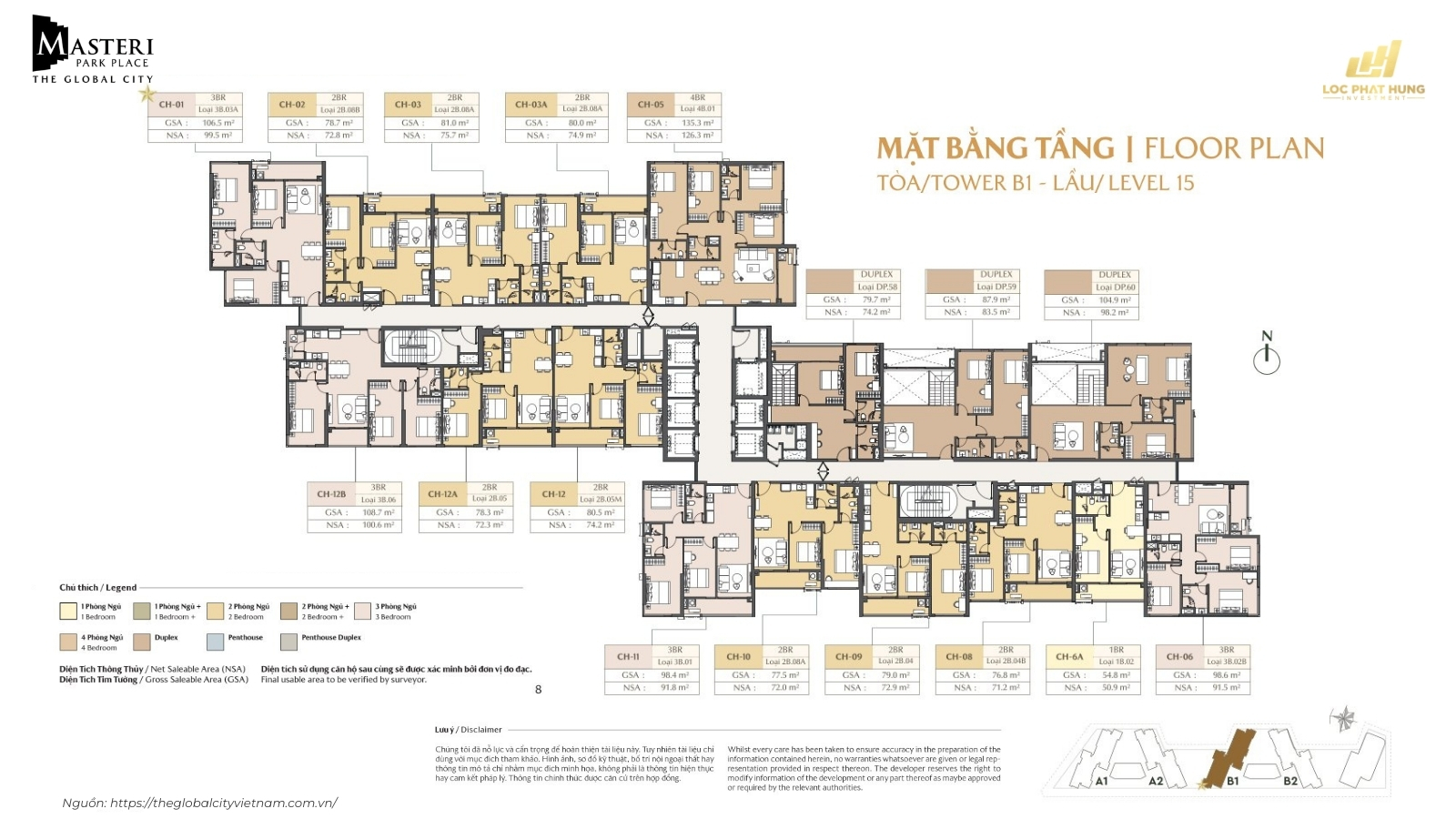 Mặt Bằng Tầng Level 
15 Tòa B1 Căn Hộ Masteri Park Place
