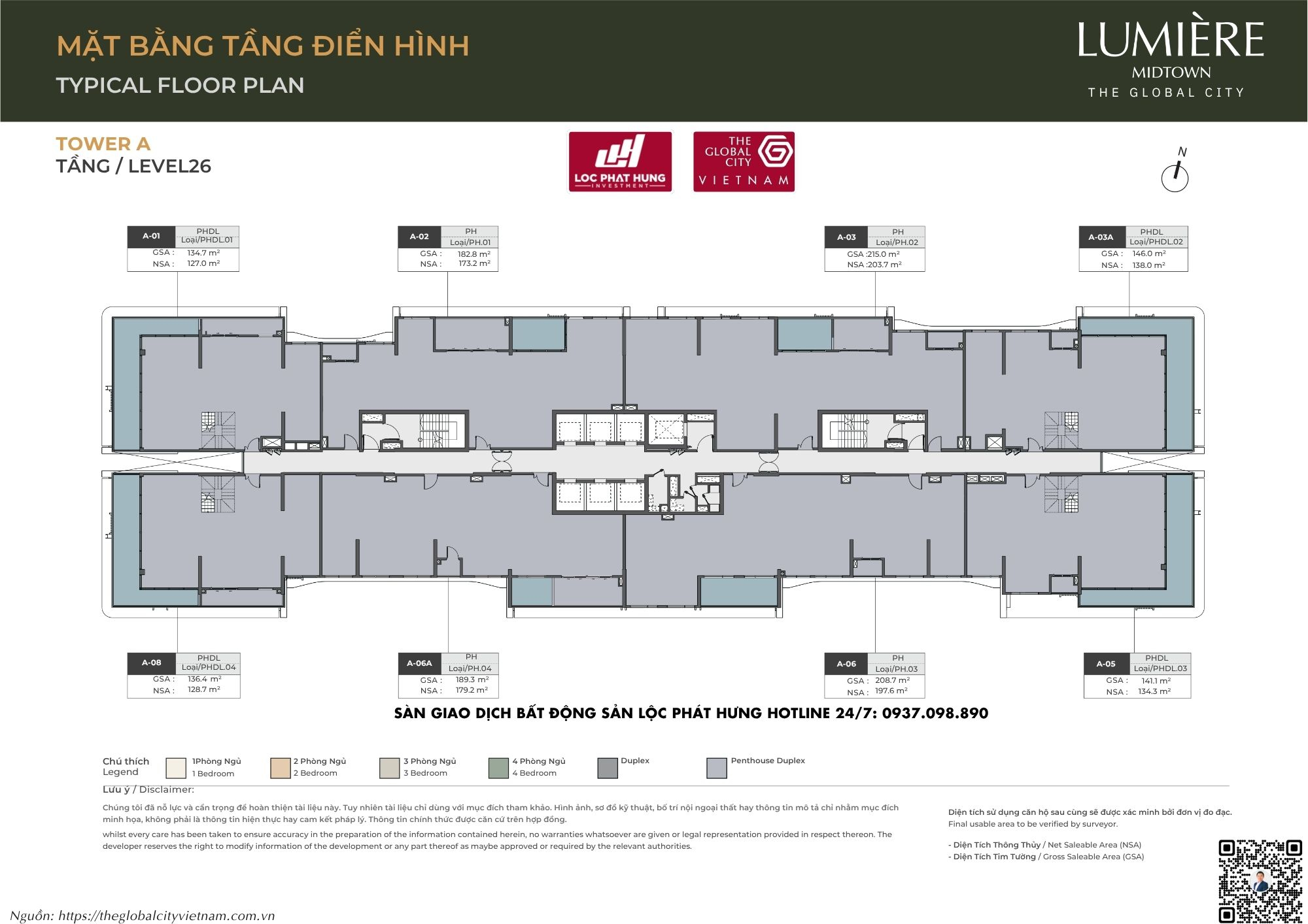 Mặt bằng tầng điển hình tầng 26 Tháp A Lumière Midtown - The Global City