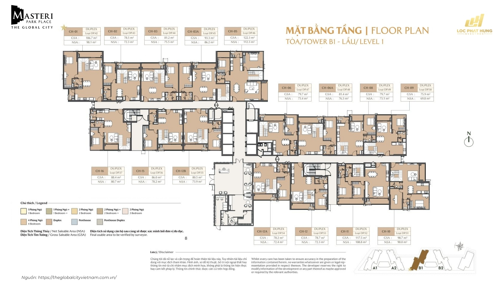 Mặt Bằng Tầng Level 1 Tòa B1 Căn Hộ Masteri Park Place