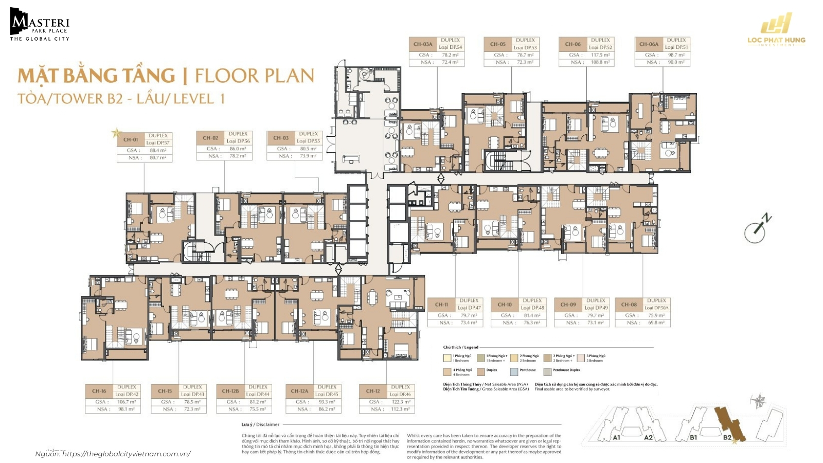 Mặt Bằng Tầng Level 
1 Tòa B2 Căn Hộ Masteri Park Place
