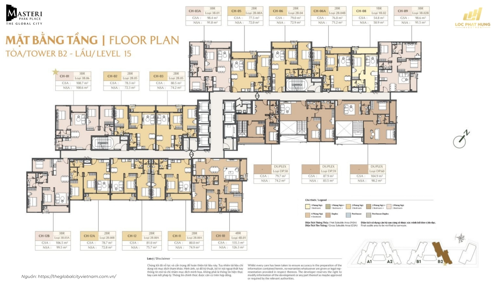 Mặt Bằng Tầng Level 15 Tòa B2 Căn Hộ Masteri Park Place