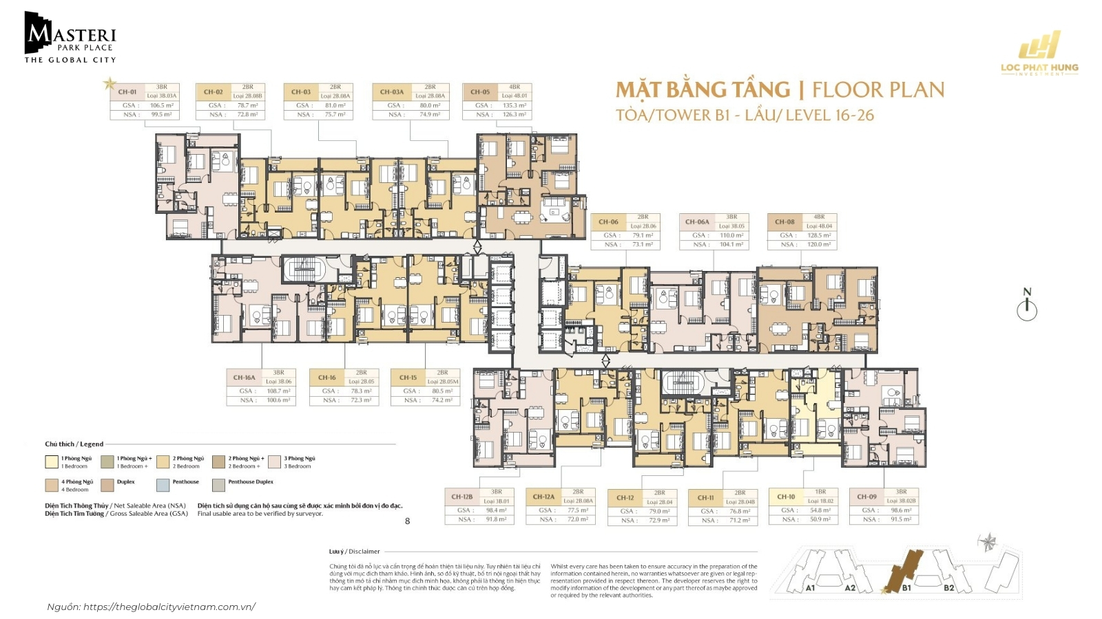 Mặt Bằng Tầng Level 16- 26 Tòa B1 Căn Hộ Masteri Park Place