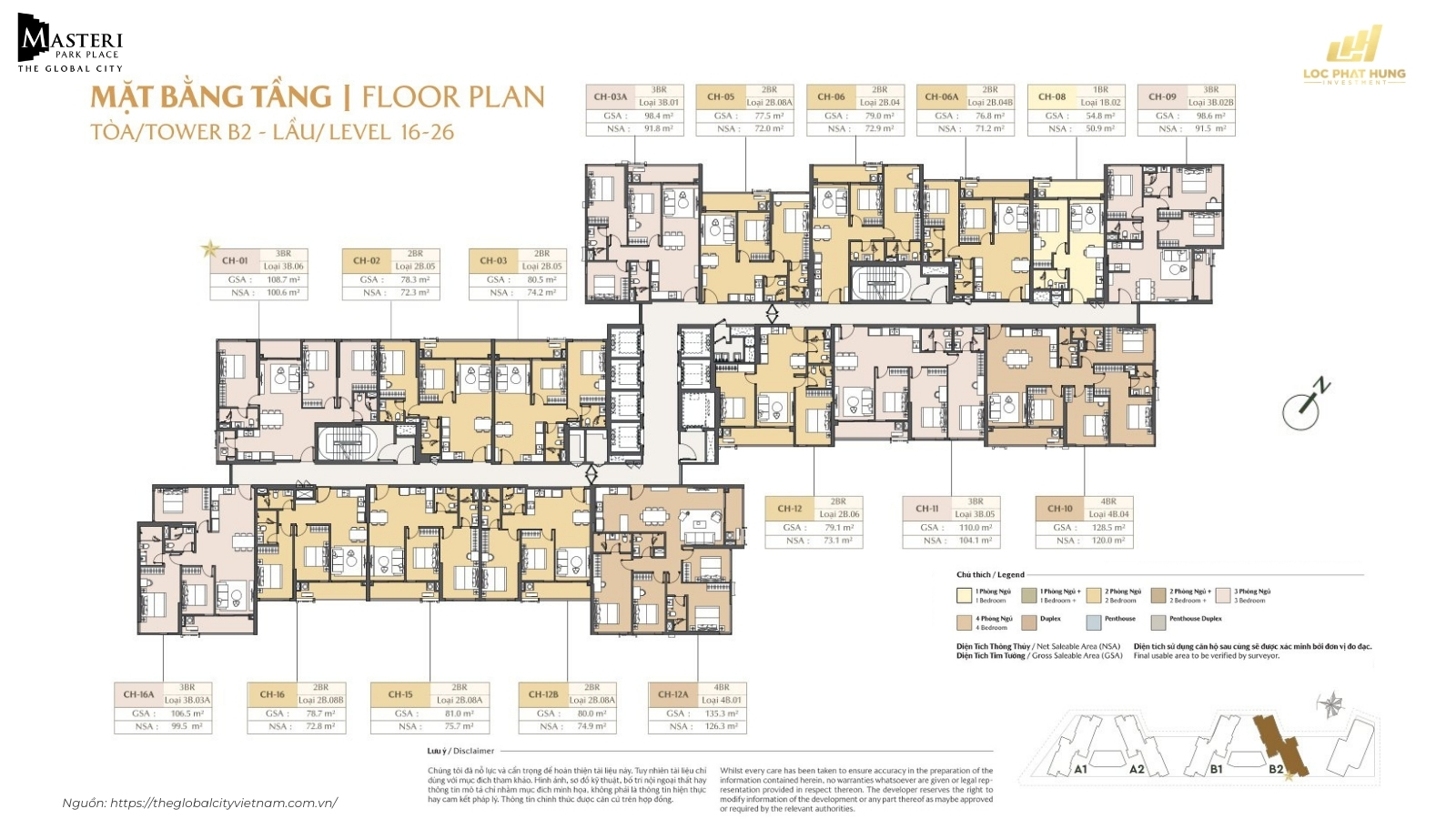 Mặt Bằng Tầng Level 16-26 Tòa B2 Căn Hộ Masteri Park Place