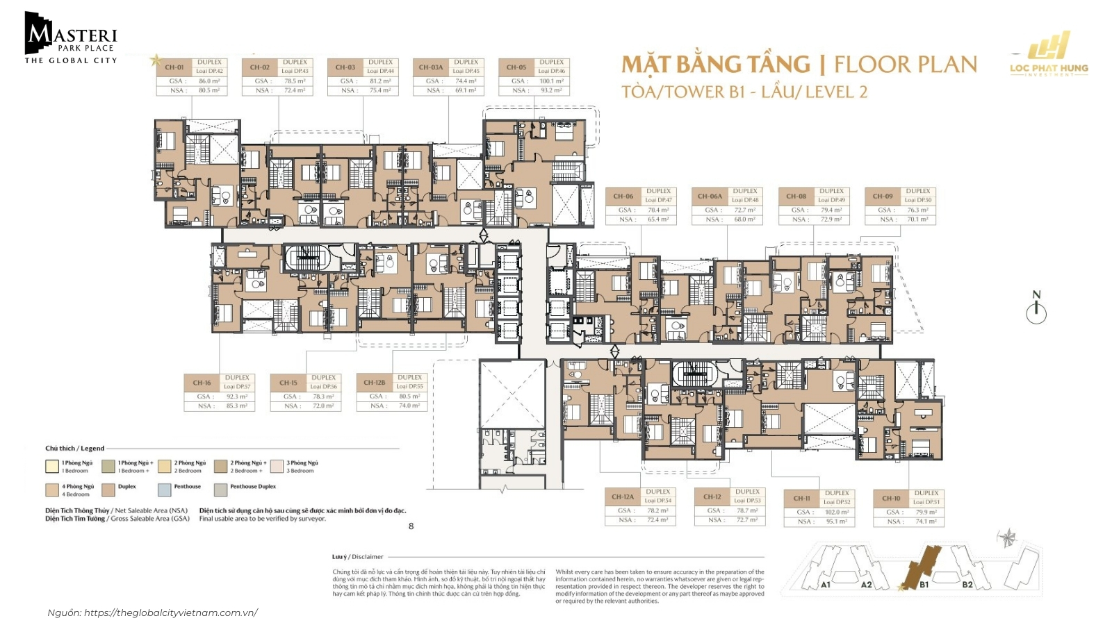 Mặt Bằng Tầng Level 2 Tòa B1 Căn Hộ Masteri Park Place