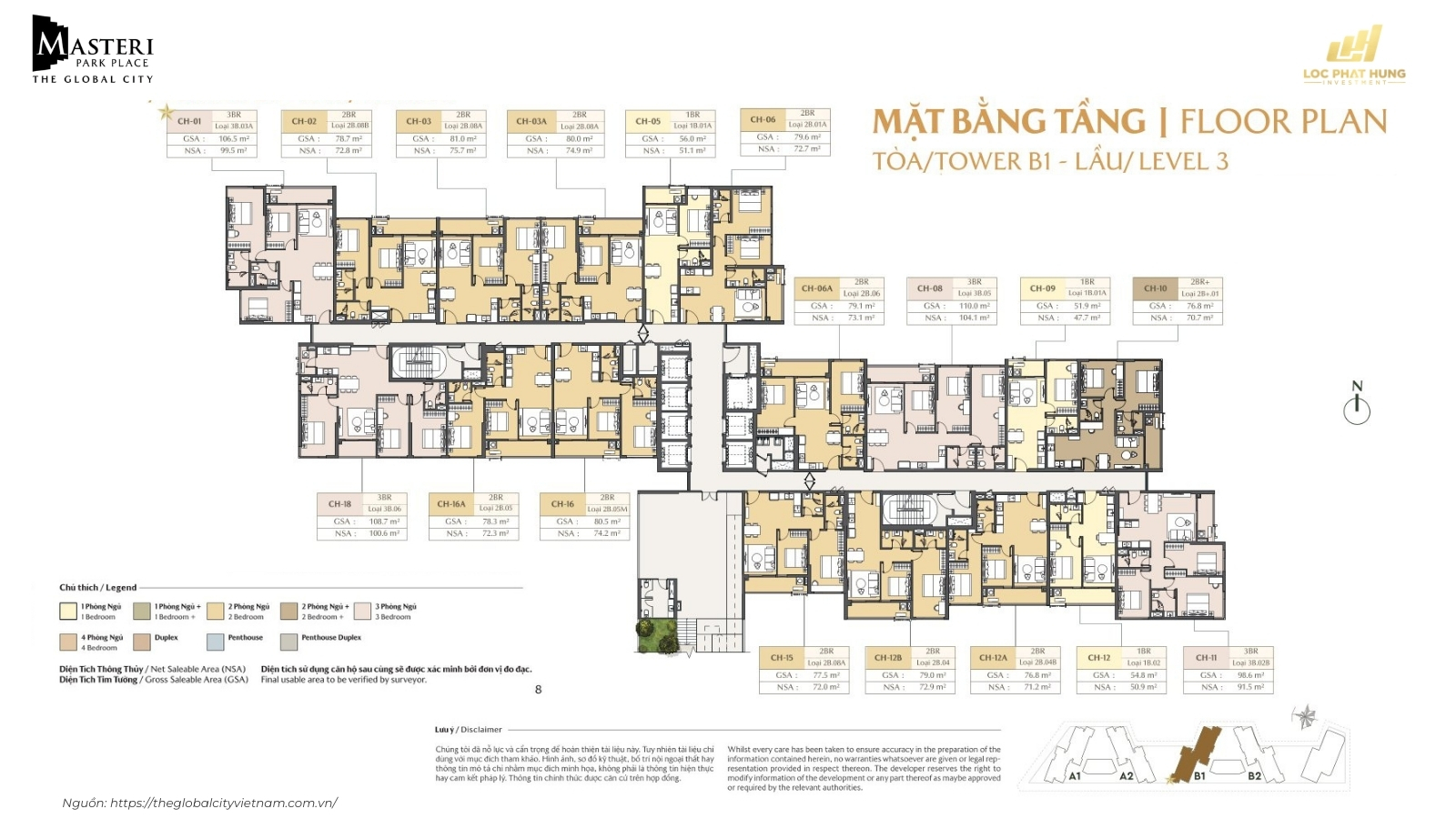Mặt Bằng Tầng Level 
3 Tòa B1 Căn Hộ Masteri Park Place
