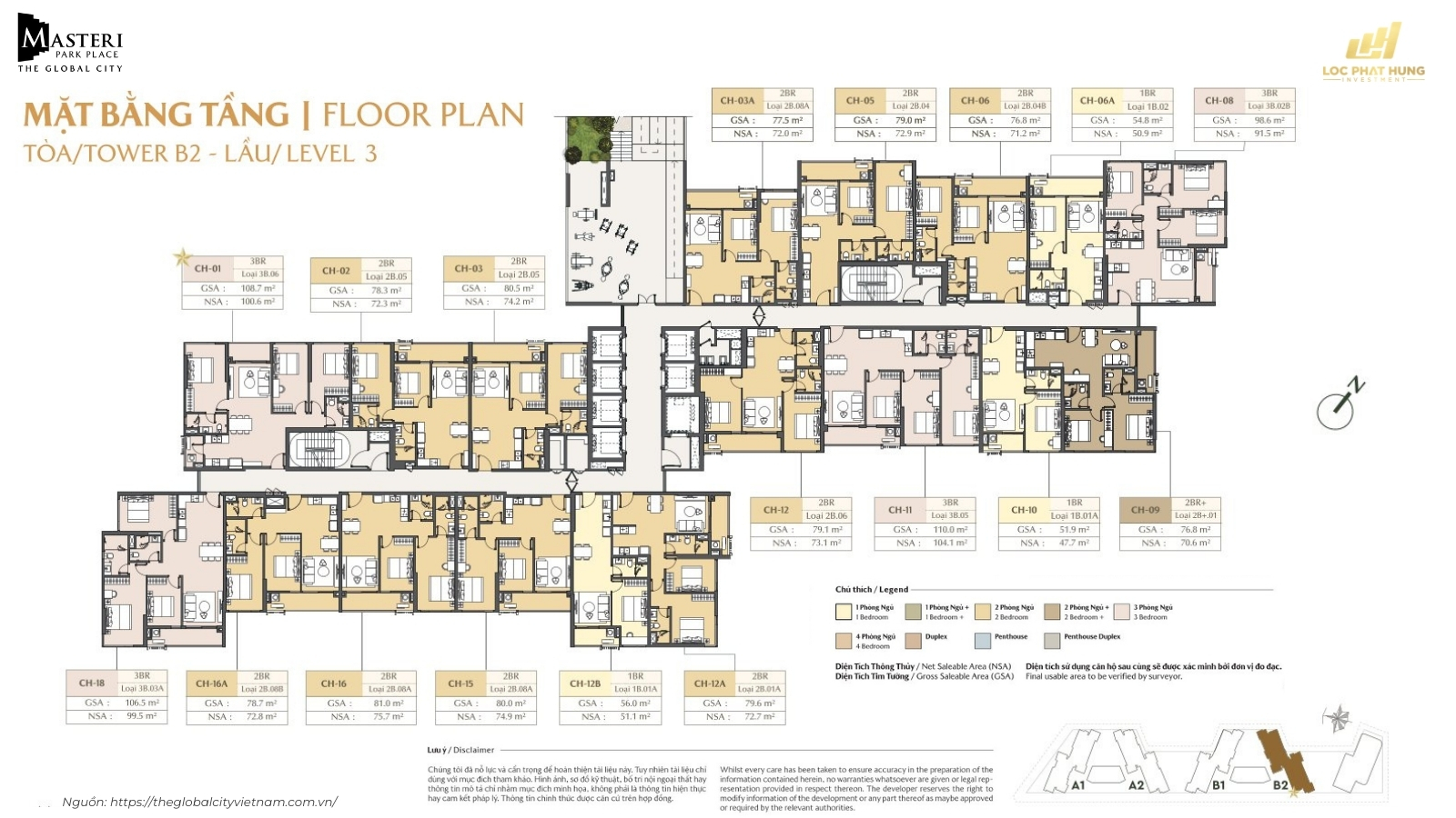 Mặt Bằng Tầng Level 3 Tòa B2 Căn Hộ Masteri Park Place