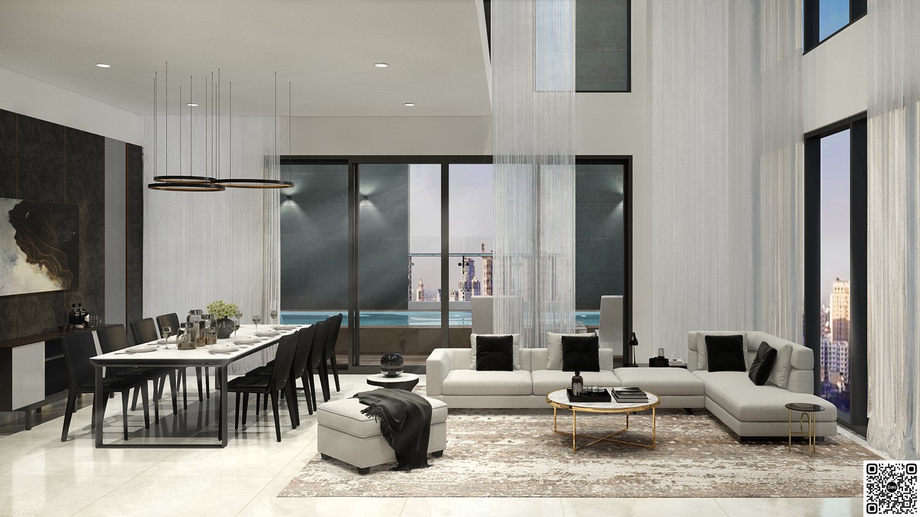 Phòng khách và bàn ăn tại căn penthouse dự án Essensia Sky.