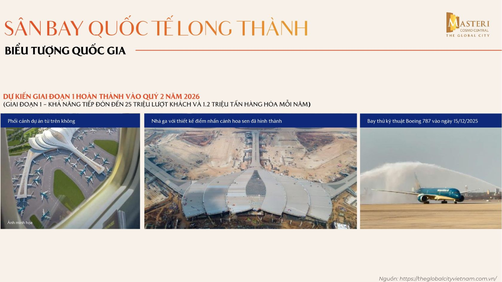 Sân bay Quốc tế Long Thành dự kiến hoàn thành giai đoạn 1 vào quý 2 năm 2026 kết nối The Global City