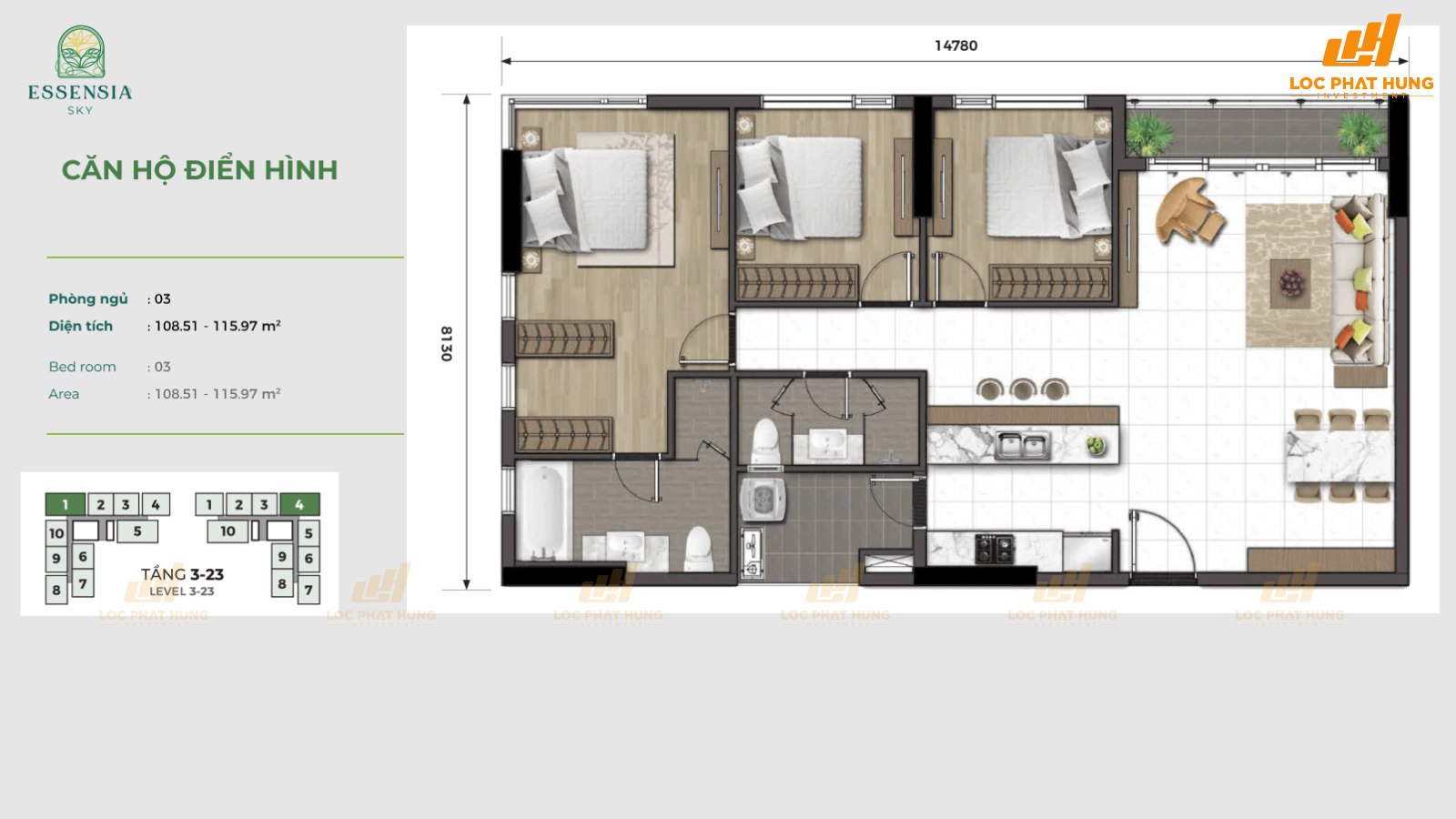  Thiết kế Essensia Sky Nhà Bè 2 phòng ngủ diện tích 105-116m2 