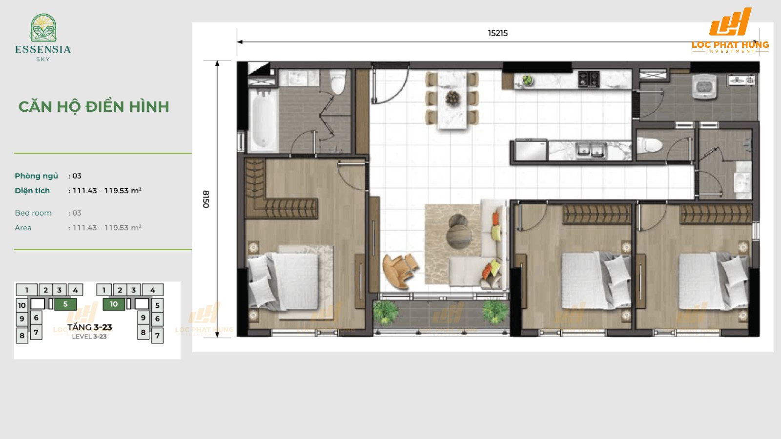 Thiết kế Essensia Sky Nhà Bè 2 phòng ngủ diện tích 114-119m2 