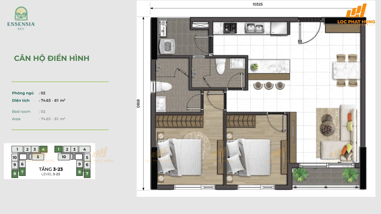 Thiết kế Essensia Sky Nhà Bè 2 phòng ngủ diện tích 72,6-81m2 