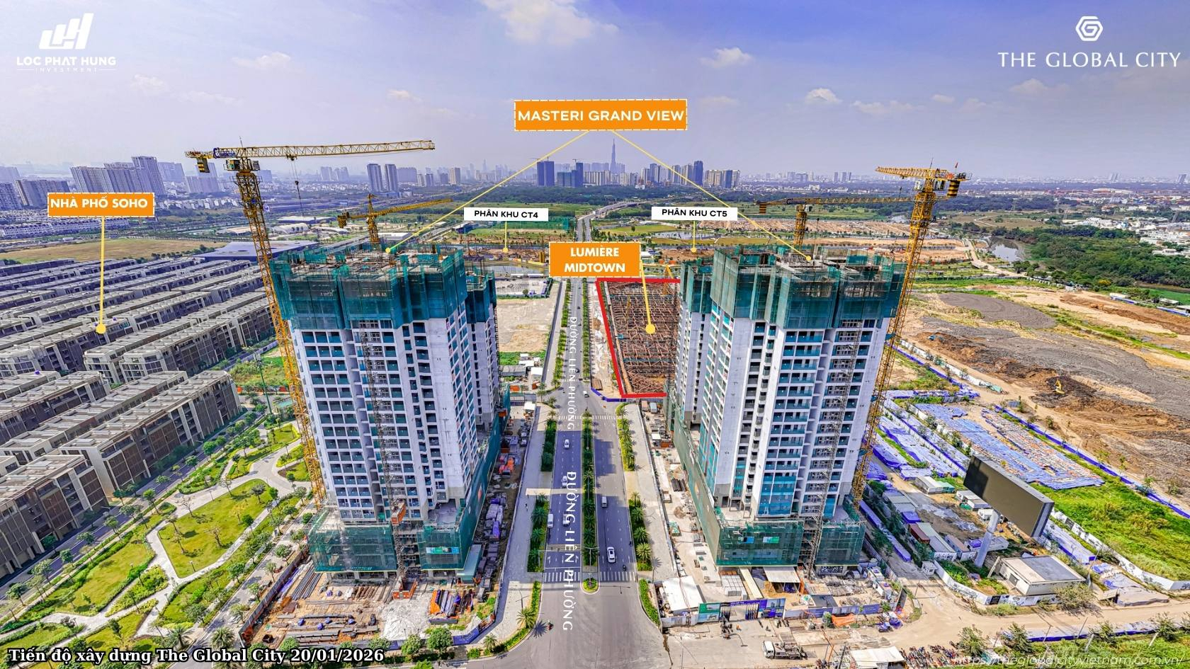 Tiến độ xây dựng các tòa tháp Masteri Grand View tại đại đô thị The Global City Quận 2 cập nhật ngày 20/01/2026.