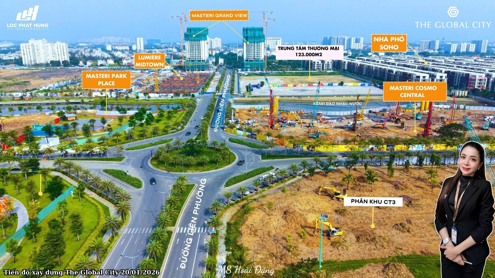 Tiến độ xây dựng các tòa tháp tại đại đô thị The Global City Quận 2 cập nhật ngày 21/01/2026.