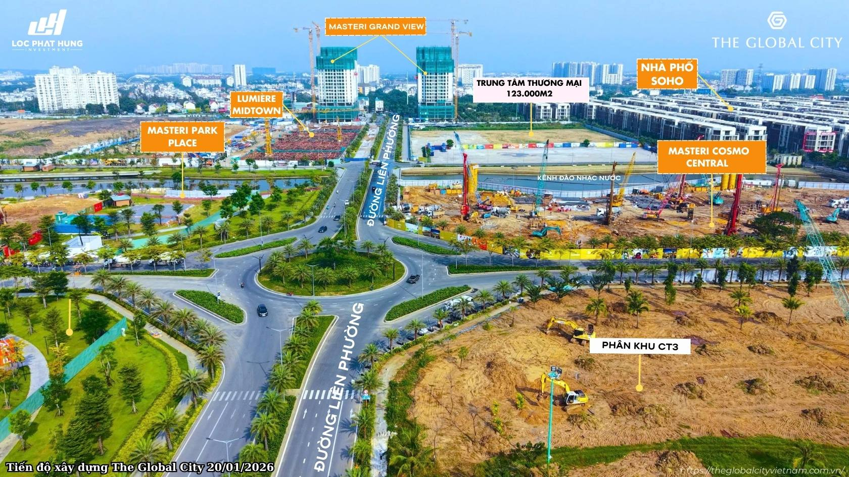 Tiến độ xây dựng các tòa tháp tại đại đô thị The Global City Quận 2 cập nhật ngày 20/01/2026.