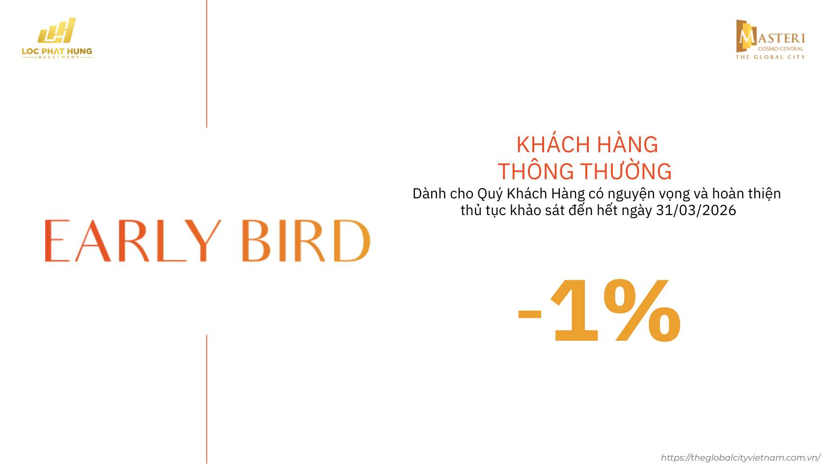 Ưu đãi Early Bird chiết khấu 1% cho khách hàng khảo sát dự án Masteri Cosmo Central trước 31/03/2026