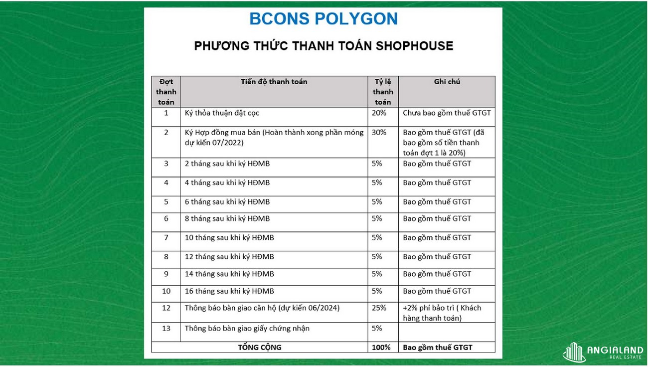 Phương thức thanh toán dự án Bcons Polygon