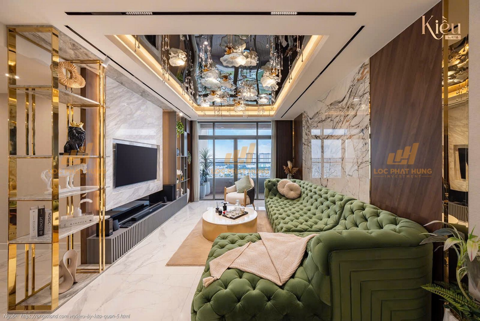 Ảnh thực tế nhà mẫu phòng khách căn hộ 23-02 (3PN 2WC, 155m2) dự án Kiều By Kita Quận 5, thiết kế sang trọng.