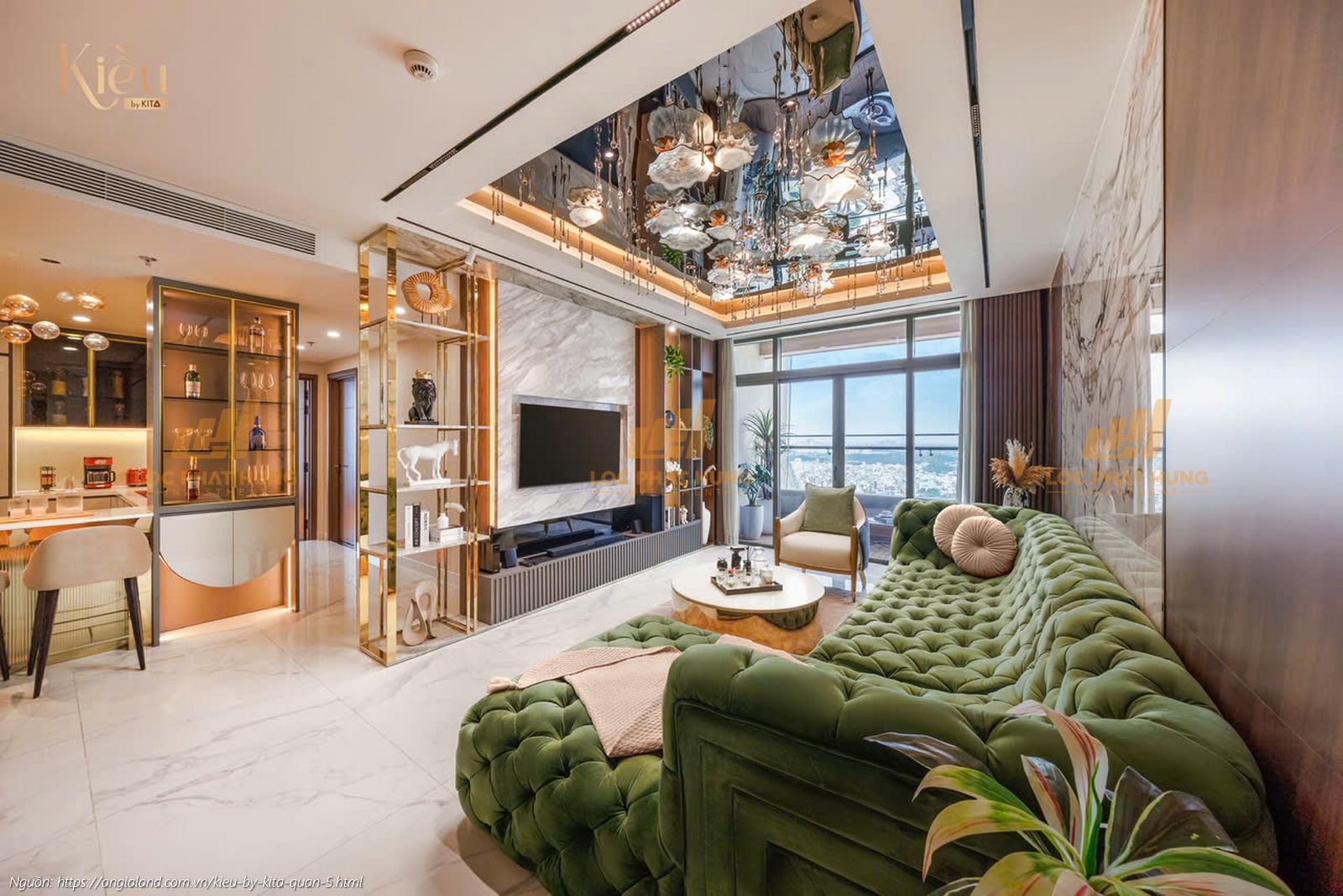 Ảnh thực tế nhà mẫu phòng khách căn hộ 23-02 (3PN 2WC, 155m2) dự án Kiều By Kita Quận 5, thiết kế sang trọng.