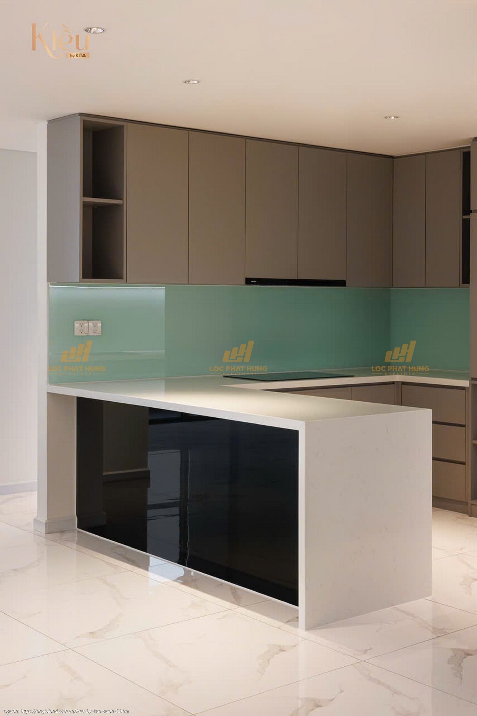 Hệ tủ bếp trên và dưới bàn giao hoàn thiện tại căn hộ Kiều By Kita, vật liệu cao cấp, thiết kế thông minh