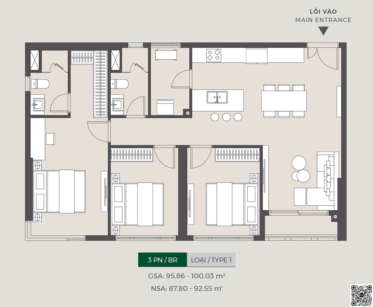 Thiết kế căn hộ 3PN loại 1 diện tích 95,86m² dự án Lumiere Boulevard Quận 9