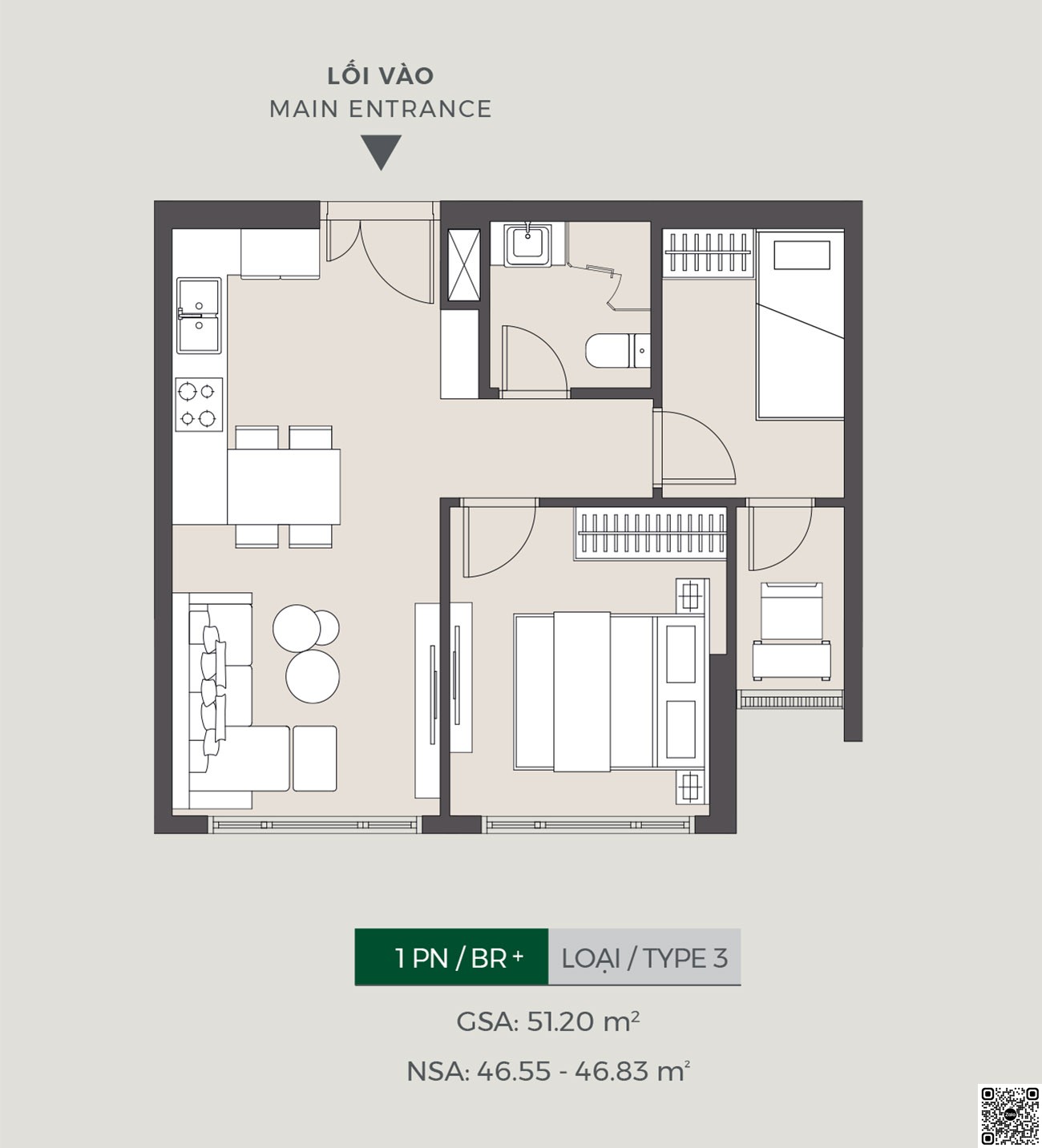 Thiết kế căn hộ 1PN+ loại 3 diện tích 51,2m² dự án Lumiere Boulevard Quận 9
