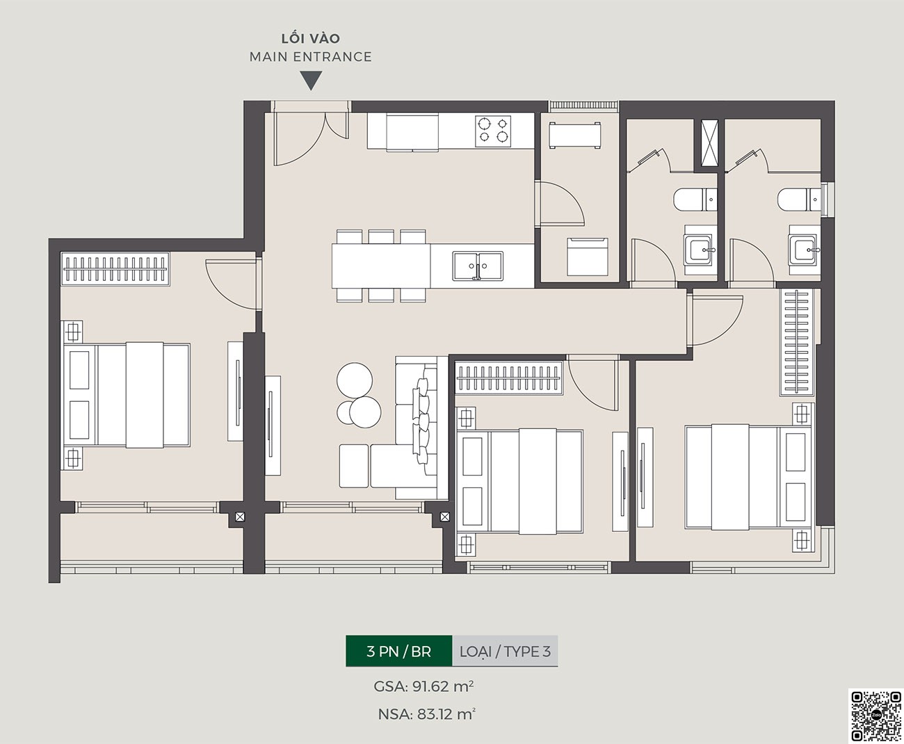 Thiết kế căn hộ 3PN loại 3 diện tích 91,62m² dự án Lumiere Boulevard Quận 9