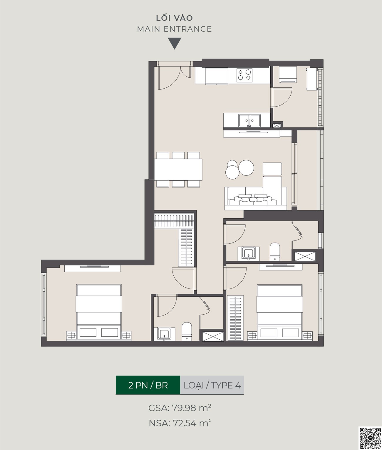 Thiết kế căn hộ 2PN loại 4 diện tích 79,98m² dự án Lumiere Boulevard Quận 9