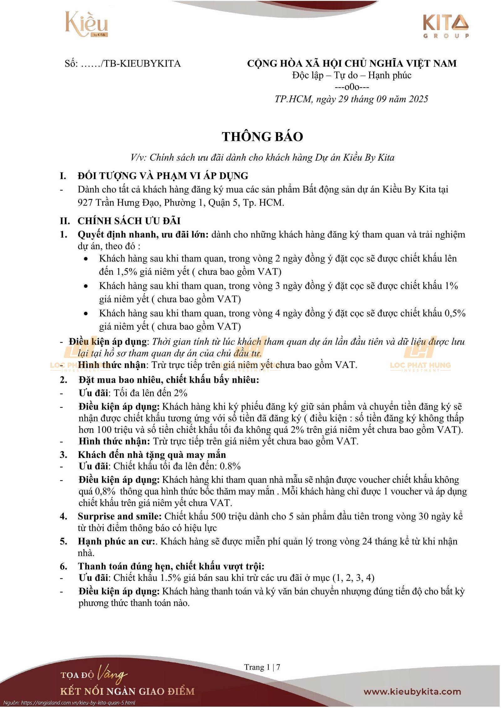 Cập nhật phương thức thanh toán và chính sách ưu đãi dự án Kiều By Kita Quận 5