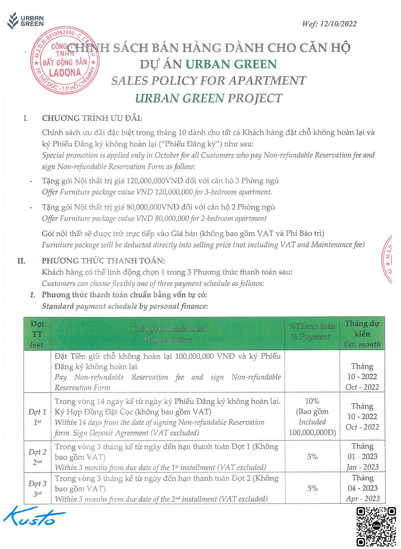 Chính sách thanh toán và ưu đãi dự án Urban Green Thủ Đức.