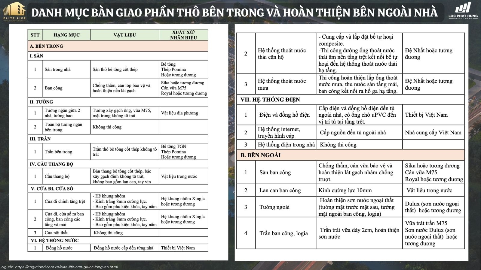 Danh mục vật liệu bàn giao dự án Elite Life