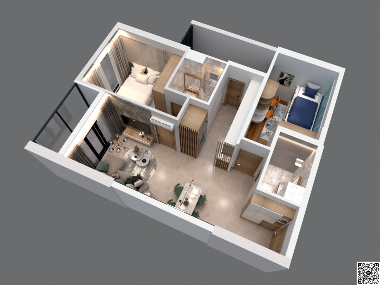 Hình ảnh 3D căn hộ 2PN dự án HT Pearl