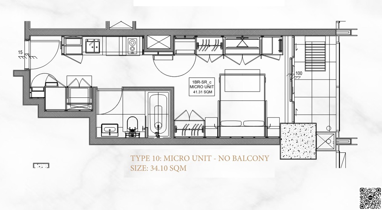 Thiết kế căn hộ 1PN loại 10 diện tích 34,10m² dự án Metropolis Saigon