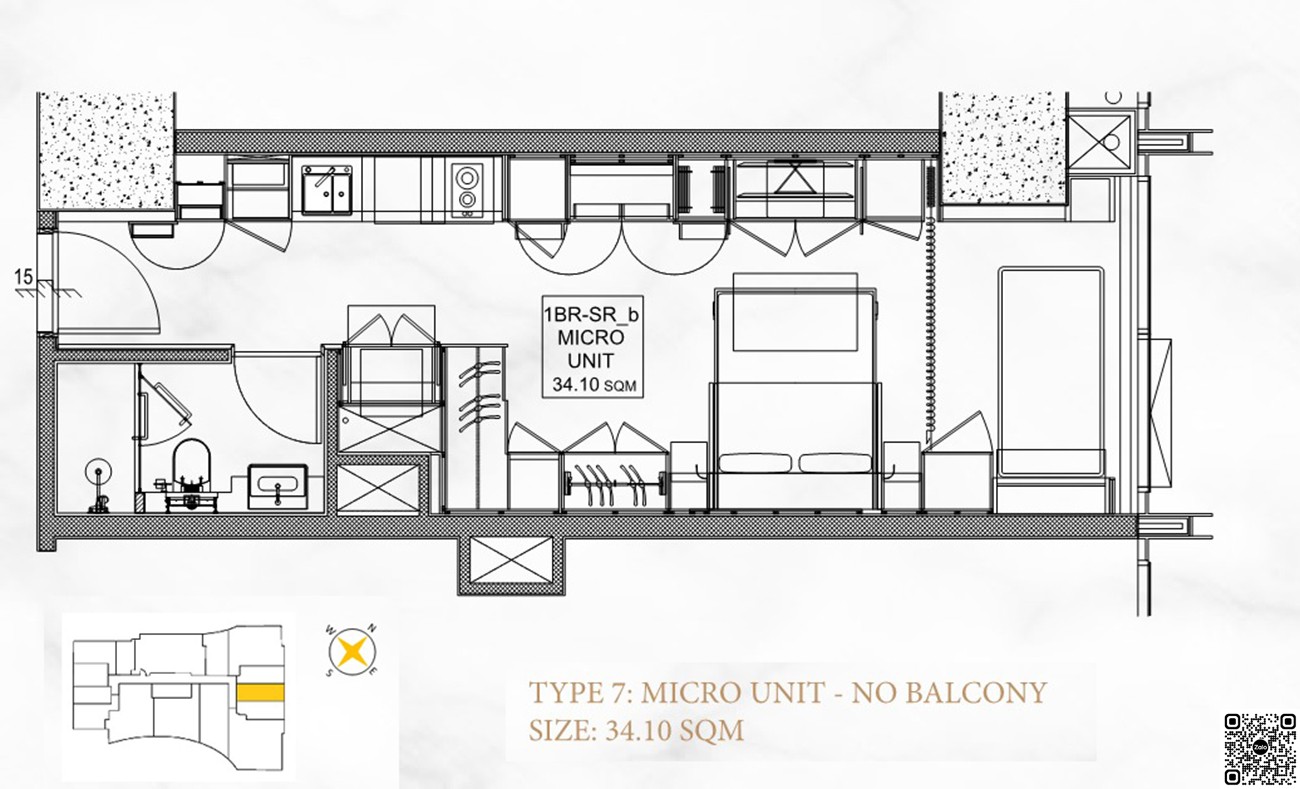 Thiết kế căn hộ 1PN loại 7 diện tích 34,10m² dự án Metropolis Saigon