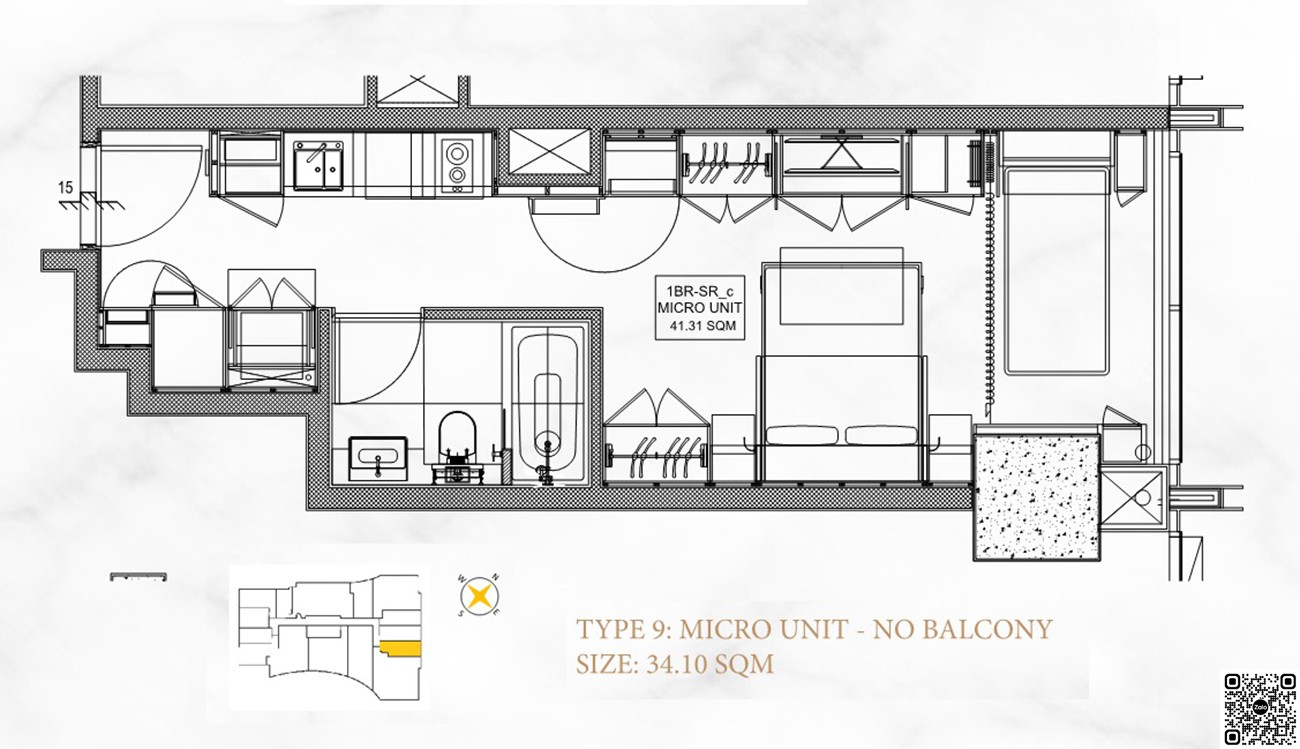 Thiết kế căn hộ 1PN loại 9 diện tích 34,10m² dự án Metropolis Saigon