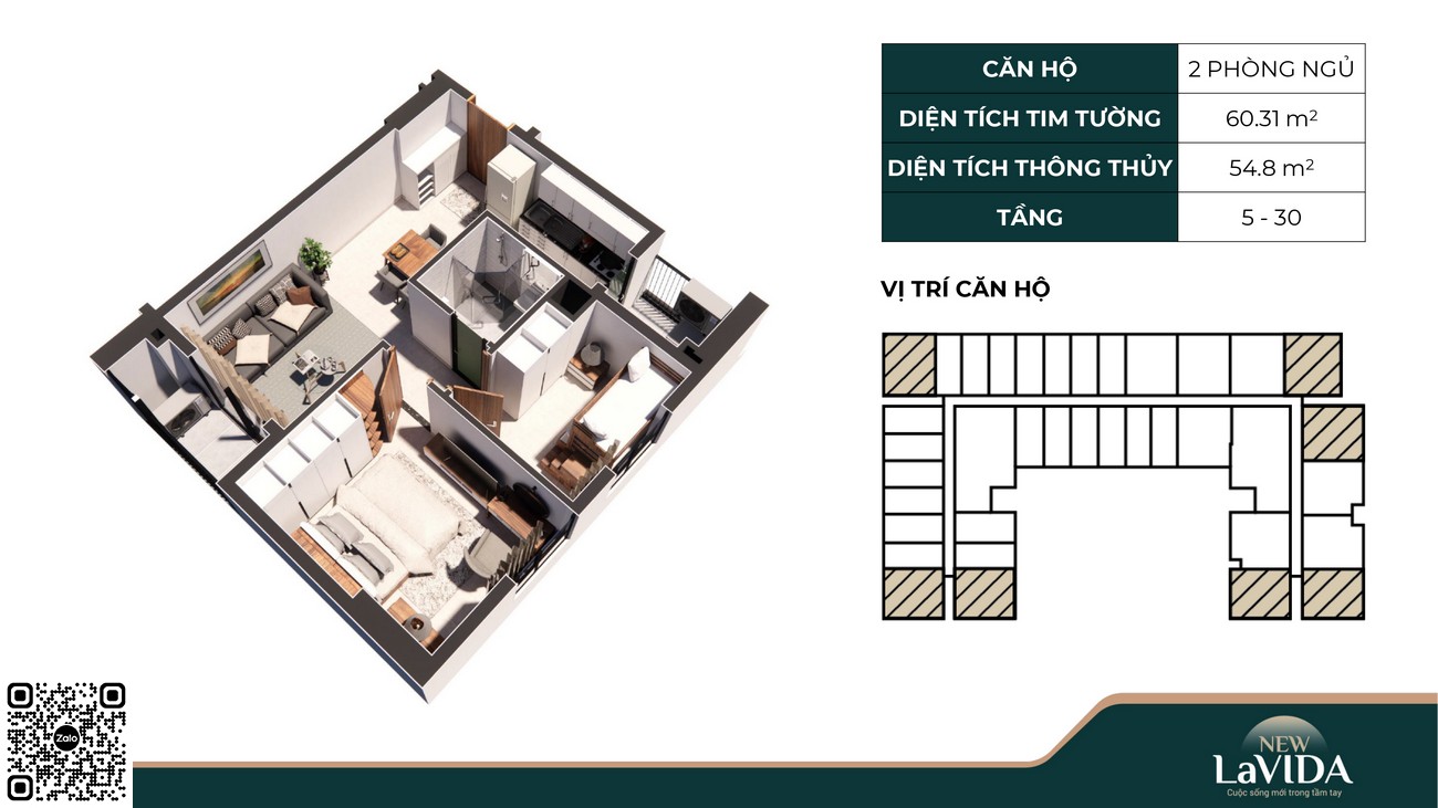 Thiết kế căn hộ 2 Phòng Ngủ diện tích 60,31m² dự án New Lavida Dĩ An