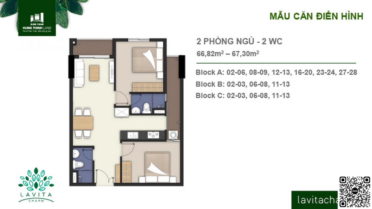 Thiết kế căn hộ 2PN diện tích 66,82 - 67,30m² dự án Lavita Charm Thủ Đức